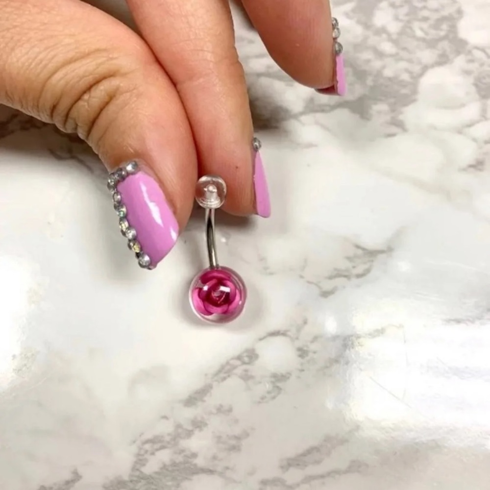 Trapped pink rose belly ring